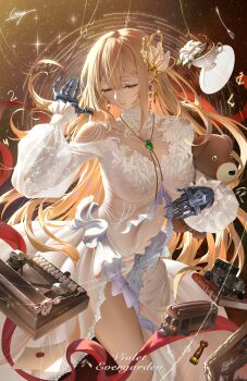1girl absurdres blonde_hair breasts character_name cleavage closed_eyes commentary_request cup dress earrings envelope gem green_gemstone highres impossible_clothes impossible_dress jewelry large_breasts long_hair long_sleeves mechanical_hands parted_lips prosthesis prosthetic_hand puffy_long_sleeves puffy_sleeves qinyi_chinyi saucer signature solo spoon stuffed_animal stuffed_dog stuffed_toy typewriter very_long_hair violet_evergarden violet_evergarden_(series) white_dress