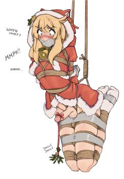 1boy animal_ears arms_behind_back bdsm bell blonde_hair blue_eyes bondage bound bridget_(guilty_gear) coat commentary duct_tape dvcttape english_commentary fake_animal_ears fur_trim gag guilty_gear guilty_gear_strive highres hood mistletoe neck_bell penis penis_wrap red_coat restrained santa_costume shibari solo white_background