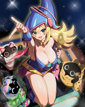 1girl alternate_breast_size_(larger) arm_up bare_shoulders blonde_hair blue_boots blue_hair blue_hat blush_stickers boots breasts candy card cleavage commentary_request cooky_yummy creature cupsy_yummy dark_magician_girl dress duel_monster ebi_bento food green_eyes hat highres holding holding_wand kneeling knees_together_feet_apart large_breasts lollipo_yummy lollipop long_hair open_mouth pentacle pentagram skirt vambraces wand yu-gi-oh!
