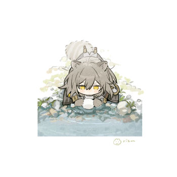 1girl animal_ears artist_name black_jacket blush border chibi chibi_only closed_mouth commentary_request grey_hair hair_between_eyes highres holding honkai:_star_rail honkai_(series) jacket kemonomimi_mode long_hair long_sleeves looking_down open_clothes open_jacket raccoon_ears raccoon_tail rizu033 rock shirt sidelocks solo stelle_(honkai:_star_rail) t-shirt tail trailblazer_(honkai:_star_rail) v-shaped_eyebrows water white_border white_shirt yellow_eyes