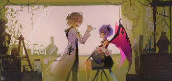 2boys absurdres albedo_(genshin_impact) alternate_costume bare_shoulders blonde_hair closed_eyes coat commentary dragon_boy dragon_horns dragon_wings english_commentary bad_tag from_side genshin_impact green_background hair_between_eyes highres horns indoors jacket leaning_back long_sleeves mask mini_durin_(genshin_impact) mini_durin_(human)_(genshin_impact) mouth_mask multiple_boys off_shoulder open_clothes open_coat open_jacket open_mouth pants purple_hair short_hair shorts sitting skarmyhan sleeveless standing wings