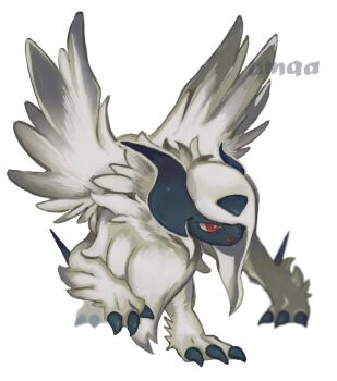 absol animal_focus asymmetrical_horns black_horns bright_pupils claws fang feathered_wings full_body gen_3_pokemon hair_over_one_eye highres horns looking_to_the_side mega_absol mega_pokemon neck_fur nintendo no_humans oisisabatugun one_eye_covered open_mouth pokemon pokemon_(creature) pokemon_focus red_eyes simple_background solo standing uneven_horns white_background white_fur white_pupils white_wings wings