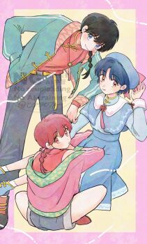 Rule 34 | 1boy, 2girls, artist name, blue capelet, blue hair, blue hat, blue skirt, brown eyes, capelet, closed mouth, commentary, con sonne, full body, hand up, hat, highres, leaning forward, looking at viewer, multiple girls, official alternate costume, ranma-chan, ranma 1/2, red eyes, red hair, saotome ranma, sitting, skirt, smile, squatting, tendou akane, watermark