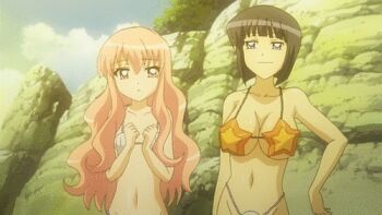 00s 2girls animated animated_gif anime_screenshot beach bikini black_hair blue_eyes bouncing_breasts breasts day dvd hand_on_own_hip long_hair louise_francoise_le_blanc_de_la_valliere lowres medium_breasts multiple_girls navel pink_eyes pink_hair shell shell_bikini short_hair siesta_(zero_no_tsukaima) small_breasts star_(symbol) swimsuit zero_no_tsukaima