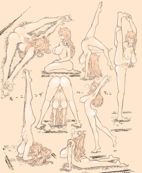 1girl absurdres arm_rest arm_support arms_up artist_request ass bare_legs bare_shoulders barefoot breasts breasts_squeezed_together reference_sheet completely_nude curvy earrings exercising flexible full_body heavy_breathing highres jewelry large_breasts legs_apart long_hair lying multiple_views nami_(one_piece) nude one_piece orange_eyes orange_hair pussy shiny_skin shoulder_tattoo sitting split squatting standing standing_on_one_leg standing_split stretching tattoo tongue tongue_out trembling very_long_hair
