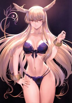 1girl absurdres bare_shoulders blonde_hair blue_bra blue_panties blush bow bow_bra bra bracelet breasts collarbone fate/grand_order fate_(series) female_focus fingernails gradient_background hair_between_eyes hand_on_own_hip hand_up head_wings highres jewelry lingerie long_hair looking_at_viewer mashutarou_(neko_no_oyashiro) medium_breasts navel panties parted_lips red_eyes scan solo stomach thighs thrud_(fate) underwear underwear_only valkyrie_(fate) wings