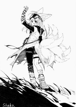 1girl absurdres animal_ears arknights artist_name commentary fox_ears fox_girl fox_tail goggles goggles_on_head greyscale highres kitsune kyuubi looking_back monochrome multiple_tails official_alternate_costume scan shako_xc solo suzuran_(arknights) suzuran_(lostlands_flowering)_(arknights) tail traditional_media