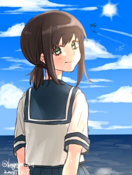 1girl aircraft airplane arms_behind_back black_hair blue_skirt blue_sky cloud contrail dated day from_behind fubuki_(kancolle) kagaya_jirou kantai_collection looking_at_viewer looking_back low_ponytail ocean one-hour_drawing_challenge pleated_skirt ponytail sailor_collar school_uniform serafuku short_ponytail short_sleeves skirt sky solo sun twitter_username water