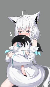 1girl absurdres ahoge animal_ear_fluff animal_ears black_bow blue_neckerchief blush bow braid commentary_request detached_sleeves earrings flying_sweatdrops fox_ears fox_girl fox_tail green_eyes grey_background hair_between_eyes hair_bow highres hololive hood hoodie hugging_own_tail hugging_tail jewelry kumarang long_hair looking_at_viewer midriff navel neckerchief pentagram shirakami_fubuki sidelocks simple_background single_braid solo tail virtual_youtuber white_hair white_hoodie