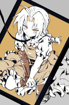 Rule 34 | 1boy, absurdres, braid, chinese commentary, closed mouth, commentary request, crossdressing, crossdressing (mtf), dress, edward elric, frilled dress, frills, full body, fullmetal alchemist, gloves, highres, leash, long hair, male focus, monochrome, parted bangs, short sleeves, single glove, sitting, solo, xue ezi, yellow eyes
