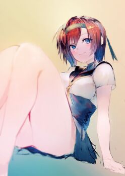 1girl bare_legs black_headband black_sailor_collar black_skirt blue_eyes blush breasts brown_hair clothes_writing commentary_request hachimaki hair_between_eyes headband high-waist_skirt irikawa kantai_collection large_breasts looking_at_viewer neckerchief sailor_collar school_uniform serafuku short_sleeves simple_background sitting sketch skirt smile solo teruzuki_(kancolle) thighs yellow_neckerchief
