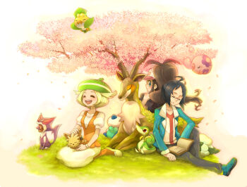 10s 1boy 2girls alternate_hairstyle animal animal_on_lap back-to-back bare_shoulders baseball_cap beret bianca_(pokemon) black_hair black_jacket black_pants blonde_hair blue_footwear blue_jacket blush book bracelet brown_hair cheren_(pokemon) cherry_blossoms closed_eyes cottonee day denim dress gen_5_pokemon glasses grass green_footwear green_hat happy hat hilda_(pokemon) jacket jeans jewelry lillipup long_hair looking_back multiple_girls munna nintendo on_lap open_clothes open_jacket oshawott outdoors pants pantyhose pink_theme pokemon pokemon_(creature) pokemon_bw purrloin sasairebun sawsbuck sawsbuck_(spring) sewaddle shirt shoes short_hair sitting sleeping snivy spring_(season) tree under_tree wariza white_dress white_hat white_headwear white_shirt wind wristband yawning