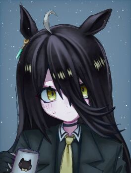 1girl ahoge animal_ears animal_print black_choker black_hair black_jacket black_shirt blue_background cat_print choker closed_mouth collared_coat commentary cup drinking_glass highres holding holding_cup horse_ears horse_girl jacket light_blush long_hair looking_at_viewer manhattan_cafe_(umamusume) mug multicolored_hair necktie oyaoya227 shirt solo sweatdrop umamusume white_hair yellow_necktie
