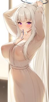 1girl absurdres areola_slip blue_archive blush breasts commentary_request dress hair_tie hair_tie_in_mouth halo hayasi_iru hickey highres indoors large_breasts long_hair long_sleeves looking_at_viewer mechanical_halo mouth_hold no_bra noa_(blue_archive) noa_(pajamas)_(blue_archive) official_alternate_costume pajamas ponytail purple_eyes see-through_clothes see-through_dress solo tying_hair white_dress white_hair white_pajamas