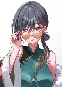 1girl absurdres adjusting_eyewear birthday black_hair breasts chinese_clothes commentary highres katsuragi_izumi large_breasts link!_like!_love_live! looking_at_viewer love_live! nekomaru_nisei orange_eyes orange_nails solo tongue tongue_out upper_body