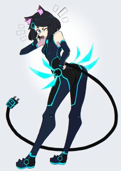 1girl absurdres animal_ear_fluff animal_ears arched_back ass bare_shoulders black_gloves black_hair blue_eyes bodysuit borrowed_character breasts cat_ears cat_girl doce elbow_gloves electric_plug electric_plug_tail energy_wings eyelid_pull female_focus fingerless_gloves from_behind full_body gloves grey_background hair_ornament hairclip hand_on_own_hip haqu_(suweeka) highres looking_at_viewer looking_back one_eye_closed original short_hair small_breasts solo tail tongue tongue_out