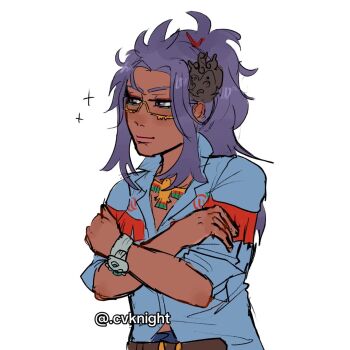 .cvknight 1girl artist_name blue_shirt crossed_arms glasses hair_ornament long_hair nintendo pokemon pokemon_sv purple_eyes purple_hair raifort_(pokemon) shirt simple_background solo upper_body watermark white_background