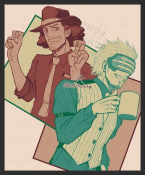 2boys ace_attorney ace_attorney_investigations ace_attorney_investigations_2:_prosecutor&#039;s_gambit arm_strap border chiha_bobobo coffee_mug collared_shirt cup eddie_fender eye_mask facial_hair goatee_stubble godot_(ace_attorney) grey_border grin hand_up hands_up hat highres holding holding_cup male_focus mask mug multiple_boys mustache_stubble necktie pants phoenix_wright:_ace_attorney_-_trials_and_tribulations shirt short_hair smile square-end_necktie stubble teeth twitter_username vest