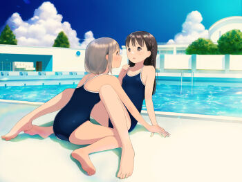 Rule 34 | 2girls, absurdres, barefoot, between legs, blue one-piece swimsuit, blue sky, braid, brown hair, closed mouth, cloud, commentary request, day, eye contact, full body, grey hair, highres, kokudou juunigou, light smile, long hair, looking at another, multiple girls, new school swimsuit, one-piece swimsuit, open mouth, outdoors, pool, poolside, school swimsuit, short hair, side braid, sidelocks, sitting, sky, soles, swimsuit, voice drama available, wariza, yubinotacto, yuri