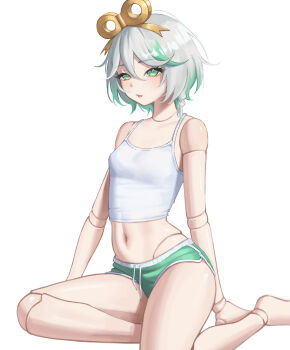1girl absurdres bare_arms barefoot braid breasts camisole cecilia_immergreen colored_inner_hair doll doll_joints double-parted_bangs full_body green_eyes green_hair green_shorts green_streaks grey_hair hair_between_eyes hair_ornament highres hololive hololive_english joints looking_at_viewer midriff multicolored_hair navel open_mouth samukzz short_hair short_shorts shorts side_braid simple_background single_braid sitting small_breasts solo streaked_hair virtual_youtuber white_background white_camisole winding_key