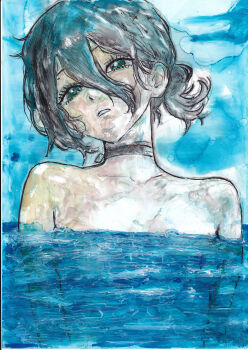 1girl absurdres black_choker black_hair blue_sky chainsaw_man choker green_eyes grenade_pin hair_between_eyes hair_bun highres medium_hair partially_submerged reze_(chainsaw_man) sky sobatuyu solo traditional_media