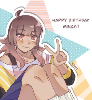 1girl ahoge aoihiraki artist_name bare_shoulders black_jacket blue_background blue_skirt borrowed_character bra_strap brown_hair center-flap_bangs chromatic_aberration closed_mouth collarbone commentary dark-skinned_female dark_skin english_commentary feet_out_of_frame flipped_hair gradient_hair hand_up happy_birthday highres jacket jacket_partially_removed kneehighs knees_up long_sleeves looking_at_viewer medium_skirt mole mole_under_mouth multicolored_hair off-shoulder_shirt off_shoulder omori open_clothes open_jacket orange_background original outline pink_eyes pink_hair pink_shirt pleated_skirt polka_dot polka_dot_background sailor_collar shirt sidelocks simple_background sitting skirt smile socks solo striped_background striped_clothes striped_shirt two-tone_hair two-tone_shirt v vix_(donuqx) white_background white_outline white_shirt white_socks yellow_background yellow_sailor_collar