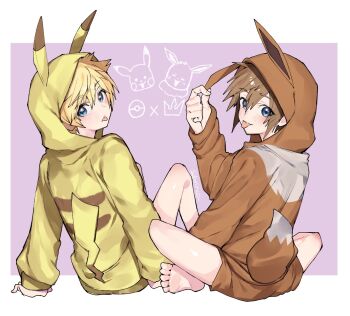 2boys animal_ears barefoot blonde_hair blue_eyes brown_hair character_hood child commentary_request cosplay costume eevee eevee_(cosplay) eevee_ears eevee_tail gen_1_pokemon highres holding hood kingdom_hearts kingdom_hearts_ii looking_at_viewer male_focus multiple_boys nintendo no_pants onesie pikachu pikachu_(cosplay) pikachu_costume pikachu_ears pikachu_hood pikachu_tail pokemon pokemon_(creature) pokemon_tail roxas seboniruca short_hair simple_background sitting sora_(kingdom_hearts) spiked_hair tail tongue tongue_out