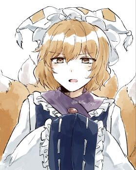 1girl blonde_hair blue_tabard commentary_request dress fox_girl fox_tail frills hat highres kitsune koto_(shiberia39) kyuubi long_sleeves medium_hair multiple_tails own_hands_together parted_lips puffy_sleeves solo tabard tail touhou twitter_username upper_body white_background white_dress yakumo_ran yellow_eyes