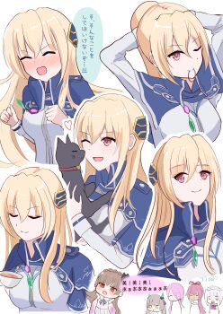 6+girls absurdres blonde_hair cat commentary_request cup heaven_burns_red highres kiryuu_miya kura_satomi long_hair multiple_girls multiple_views ogasawara_hisame red_eyes shirakawa_yuina smyin_rii sugawara_chie teacup tsukishiro_monaka tying_hair