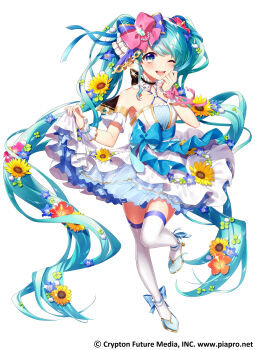 1girl absurdly_long_hair absurdres anniversary aqua_bow aqua_dress aqua_eyes aqua_footwear aqua_hair aqua_skirt arm_bow artist_name artist_request bare_legs bare_shoulders black_bow blue_bow blue_dress blue_eyes blue_hair bow bowtie bracelet breasts cleavage collarbone criss-cross_halter dress female_focus flower flower_dress footwear_bow frilled_dress frills full_body grgrgdgd hair_flower hair_ornament halterneck hatsune_miku high_heels highres holding holding_unworn_clothes jewelry long_hair one_eye_closed pearl_bracelet pink_bow pom_pom_(clothes) pom_pom_hair_ornament skirt small_breasts solo standing standing_on_one_leg sunflower twintails very_long_hair vocaloid white_background white_detached_collar white_dress white_legwear white_skirt white_wrist_cuffs wrist_cuffs