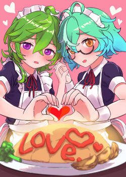 2girls :d absurdres ahoge animal_ears antenna_hair apron aqua_hair black_dress blurry blurry_foreground blush collared_dress collei_(genshin_impact) commentary_request crossed_bangs dot_nose dress english_text food genshin_impact glasses green_hair hair_between_eyes heart heart_hands highres holding_hands looking_at_viewer maid maid_apron maid_headdress medium_hair mochihuman multiple_girls neck_ribbon open_mouth orange_eyes pink_background plate puffy_short_sleeves puffy_sleeves purple_eyes red_ribbon ribbon short_hair short_sleeves simple_background smile sucrose_(genshin_impact) upper_body white_headdress white_wrist_cuffs wrist_cuffs