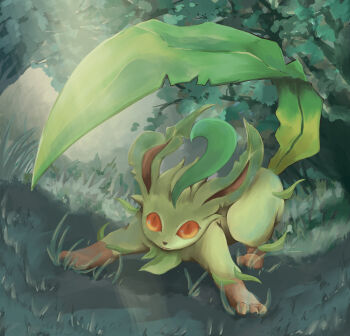 absurdres animal_ears colored_sclera commentary_request fighting_stance full_body gen_4_pokemon grass highres karura_(to-the-4483) leaf leafeon looking_at_viewer nintendo no_humans outdoors pokemon pokemon_(creature) pokemon_focus red_eyes red_sclera solo tail two-tone_fur