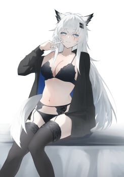 1girl animal_ears arknights black_bra black_coat black_panties black_thighhighs bra breasts coat commentary_request grey_eyes hachimin8_(shrine_kyo) highres lappland_(arknights) large_breasts looking_at_viewer navel panties scar scar_across_eye scar_on_face solo stomach tail thighhighs thighs underwear white_hair wolf_ears wolf_girl wolf_tail