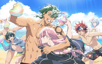 6+boys abs anger_vein beach black_hair blue_eyes blue_hair blue_sky cherry_blossom_(sk8) cloud cloudy_sky green_eyes green_hair hair_between_eyes hasegawa_langa headband highres holding hood hoodie japanese_clothes joe_(sk8) kimono kyan_reki long_hair long_sleeves looking_at_another male_focus messy_hair miya_(sk8) multiple_boys muscular muscular_male open_mouth orange_hair pectorals pink_hair ponytail red_hair shadow_(sk8) short_hair shorts shoulder_tattoo sk8_the_infinity skateboard sky smile soul_(tamashii) sun_symbol sun_tattoo tan tattoo throwing toned toned_male topless_male water_balloon