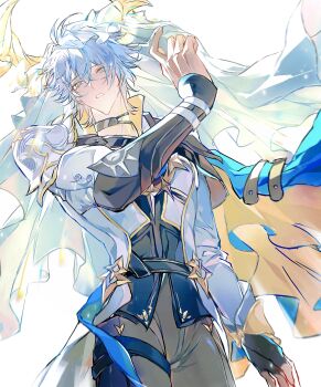 Rule 34 | 1boy, absurdres, antenna hair, armor, black choker, black gloves, black shirt, blue cape, blue eyes, blush, cape, choker, coat, cowboy shot, fingerless gloves, gloves, grey pants, halo, halo behind head, highres, honkai: star rail, honkai (series), male focus, neck tattoo, pants, parted bangs, parted lips, pauldrons, phainon (honkai: star rail), shirt, short hair, shoulder armor, side cape, simple background, single glove, single pauldron, solo, sun symbol, sun tattoo, tan, tattoo, thigh strap, two-sided cape, two-sided fabric, veil, wanyu22719, white background, white coat, white hair, white veil, yellow cape