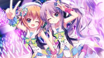 2girls ;d ahoge aqua_eyes arm_up audience beret blue_dress blue_eyes blue_hat blue_skirt blue_wrist_cuffs boots bow bowtie breasts brooch collarbone dress dutch_angle film_grain game_cg glowstick green_bow green_bowtie grin hair_ornament hat holding_hands idol idol_clothes izumi_tsubasu jewelry lace-up_boots lens_flare long_hair multiple_girls necklace non-web_source official_art one_eye_closed open_mouth orange_hair pink_scrunchie pinstripe_pattern pinstripe_thighhighs ponytail purple_boots purple_hair re:stage! sailor_collar screen scrunchie shikimiya_mana short_dress short_hair sidelocks skirt sleeveless sleeveless_dress small_breasts smile stage stage_lights standing standing_on_one_leg star_(symbol) star_brooch star_hair_ornament striped_clothes striped_scrunchie striped_thighhighs thighhighs tsukisaka_sayu v vertical-striped_clothes vertical-striped_thighhighs very_long_hair white_sailor_collar white_thighhighs wrist_cuffs wrist_scrunchie wristband
