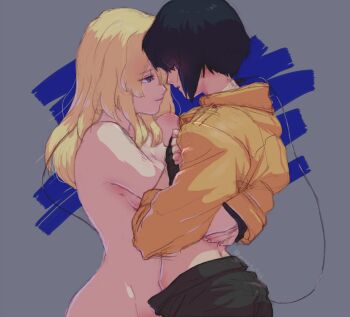 2girls android bad_id bad_pixiv_id black_hair blonde_hair blue_eyes closed_eyes clothed_on_nude clothes_lift ghost_in_the_shell hug jacket katsuoboshi kusanagi_motoko long_hair multiple_girls nude orange_jacket plug project_2501 shirt_lift short_hair sketch smile yuri