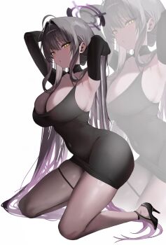 Rule 34 | 1girl, :o, absurdres, ahoge, alternate costume, armpits, arms behind head, arms up, bare legs, black dress, black hair, black shoes, black sleeves, blue archive, blush, breasts, collarbone, commentary, covered navel, dark-skinned female, dark skin, detached sleeves, dress, gradient hair, hair between eyes, hair intakes, hair over shoulder, halo, high heels, highres, karin (blue archive), kneeling, large breasts, long hair, looking at viewer, multicolored hair, purple hair, purple halo, shoes, shogunx1x, skindentation, solo, strappy heels, thigh strap, thighs, very long hair, yellow eyes, zoom layer