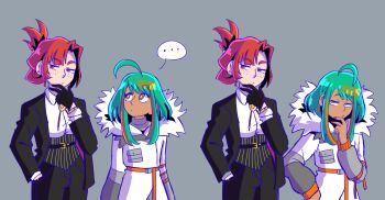 ... 2girls ahoge barcode black_gloves black_pants black_suit bolo_tie coat commentary dark-skinned_female dark_skin ear_piercing eggtempest english_commentary evangeline_morgan folded_ponytail formal_clothes freckles gloves green_hair grey_background hand_in_pocket highres long_sleeves multicolored_hair multiple_girls multiple_views of_the_devil orange_eyes orange_hair pants piercing red_eyes red_hair serra_ashur shirt speech_bubble suit two-tone_hair white_coat white_shirt