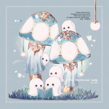 2022 artist_name blue_background blue_theme book bug butterfly color_guide copyright_notice english_text ghost highres holding holding_book insect instagram_username lamp light_particles mushroom no_humans object_focus original picture_frame reading signature simple_background spin_mayumura twitter_username weibo_username