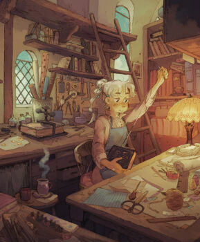 1girl ahoge apron bandaid bandaid_on_hand blonde_hair blue_apron book bookshelf bottle braid braided_ponytail chair closed_mouth clothes_iron commentary cup day desk dress english_commentary flower hair_flower hair_ornament holding holding_book holding_needle ladder lamp light_smile mug needle on_chair original pincushion pink_dress ruler sarah_webb scissors sewing sitting slice_of_life solo steam thread tools window wooden_ladder