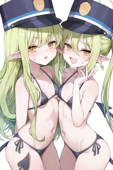 2girls :d absurdres alternate_costume arm_behind_back bare_shoulders bikini black_bikini black_tail blue_archive blue_hat breast_press breasts collarbone commentary_request cowboy_shot demon_girl demon_tail dot_nose earrings fang furrowed_brow green_hair green_halo hair_between_eyes hair_over_shoulder halo hand_up hat highres hikari_(blue_archive) jewelry loli long_hair long_sidelocks looking_at_viewer multiple_girls navel nozomi_(blue_archive) open_mouth paid_reward_available peaked_cap pointy_ears siblings side-tie_bikini_bottom sidelocks simple_background single_earring sisters skin_fang small_breasts small_sweatdrop smile standing straight_hair sweatdrop swimsuit symmetrical_docking tail tateishi_kureha thighs twins twintails underboob v-shaped_eyebrows very_long_hair white_background yellow_eyes