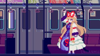 Rule 34 | 1girl, animated, animated gif, blinking, blonde hair, bow, commentary, dress, english commentary, full body, hair bow, hand grip, hat, hat ribbon, holding hand grip, long hair, long sleeves, mob cap, pixel art, purple eyes, purple tabard, red bow, red ribbon, ribbon, solo, standing, tabard, touhou, train interior, very long hair, white dress, white hat, yakumo yukari, zahranworrell