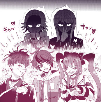 2girls 3boys adjusting_eyewear ahoge amemiya_darumi aotsuki_eito blue_hair bow choker collar commentary_request earrings eyepatch face_piercing facial_mark glasses goku_suzume grin hair_bow haori happy_aura heart heart_facial_mark hood hoodie jacket jacket_over_hoodie japanese_clothes jewelry kimono labret_piercing long_hair looking_at_another looking_at_viewer makeup monochrome multicolored_hair multiple_boys multiple_girls omokage_yugamu open_clothes open_jacket piercing pointing pointing_at_another red_theme ring roots_(hair) sailor_collar screentones shaded_face shirt shizuhara_hiruko short_hair smile split_theme streaked_hair striped_clothes striped_shirt sumino_takumi the_hundred_line_-last_defense_academy- translation_request twintails twitter_username wide-eyed