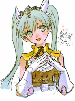 1boy 1girl aqua_eyes aqua_hair armor bare_shoulders breasts commentary cropped_torso diras frey_(rune_factory) gloves hair_between_eyes hair_ribbon headpiece highres leather_armor light_blush long_hair looking_at_viewer medium_breasts mouyi open_mouth own_hands_together puckered_lips ribbon rune_factory rune_factory_4 sample_watermark signature smile symbol-only_commentary twintails upper_body watermark white_background white_gloves white_ribbon