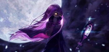 1girl cloak covered_mouth cracked_skin elf floating glowing glowing_eyes glowing_hair highres holding holding_staff light_particles long_hair moon night pointing pointing_at_self pointy_ears purple_hair re:zero_kara_hajimeru_isekai_seikatsu ro_ka_ro_ka solo sphinx_(re:zero) staff turtleneck very_long_hair wide_sleeves yellow_eyes