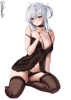 1girl ahoge artist_name babydoll black_babydoll black_choker black_panties blush breasts choker collarbone commentary_request ebifurya grey_hair hair_between_eyes hair_intakes hand_up highres kantai_collection large_breasts lingerie looking_at_viewer navel one-hour_drawing_challenge one_side_up panties sidelocks simple_background sitting solo strap_slip suzutsuki_(kancolle) thighhighs thighs twitter_username underwear white_background