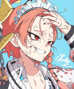 1girl :d adjusting_hair ahoge arms_up black_nails blood blood_on_face blue_archive blue_background braid collarbone collared_shirt commentary_request dirty dirty_face dirty_hands earrings eyelashes fang floral_print floral_print_jacket forehead grin hair_slicked_back highres holy-san_(makuu) jacket jewelry long_sleeves looking_ahead maid maid_headdress nail_polish neru_(blue_archive) open_clothes open_jacket open_mouth open_shirt orange_hair red_eyes shirt short_hair sidelocks signature simple_background single_braid slit_pupils smile smug solo stud_earrings sukajan thick_eyebrows tsurime upper_body white_shirt