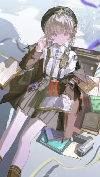 1girl absurdres ahoge black_gloves black_hat black_necktie black_skirt bolt_action book brown_hair brown_jacket building cheyanne_(girls'_frontline_2) collared_shirt dress_shirt girls'_frontline girls'_frontline_2:_exilium gloves gun hat highres holding holding_book jacket looking_at_viewer m200_(girls'_frontline) necktie ns404 official_art open_clothes open_jacket pleated_skirt promotional_art purple_eyes purple_necktie shirt simple_background skirt solo two-tone_necktie weapon white_shirt