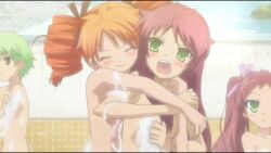 6+girls animated anime_screenshot audible_speech baka_to_test_to_shoukanjuu blue_eyes blush breast_envy breasts cleavage convenient_censoring english_audio green_eyes hair_down highres himeji_mizuki interior kirishima_shouko kudou_aiko loli long_hair multiple_girls nude open_mouth orange_hair pink_hair purple_hair red_hair shimada_hazuki shimada_minami shimizu_miharu short_hair smile soap_bubbles soap_censor sound very_long_hair video yellow_eyes yuri
